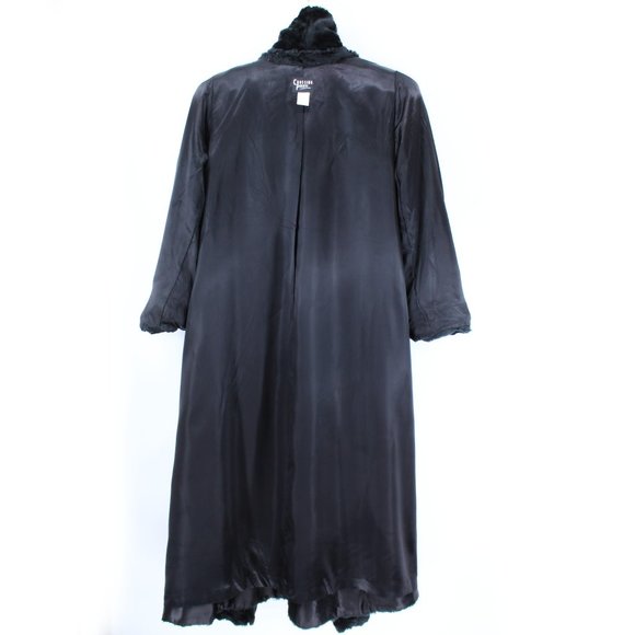 VTG Long Full Length Faux Fur Robe Coat Black Shawl Collar Roll Cuff Hinge Hook - Picture 8 of 10